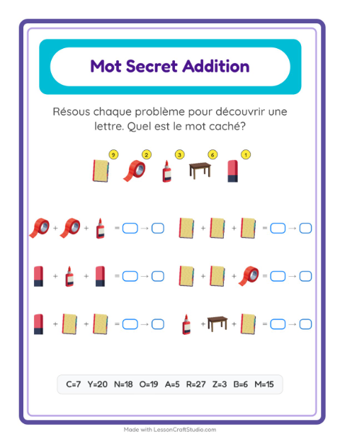 Aperçu de la fiche Addition Codée avec Salle de classe pour École maternelle (grande section, 5-7 ans)