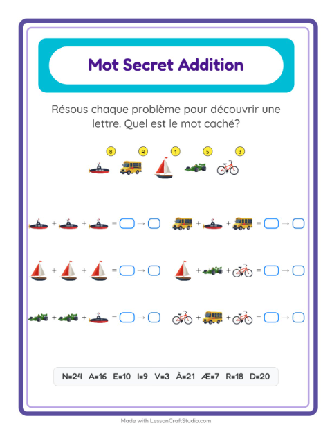 Aperçu de la fiche Addition Codée avec Véhicules pour École maternelle (grande section, 5-7 ans)