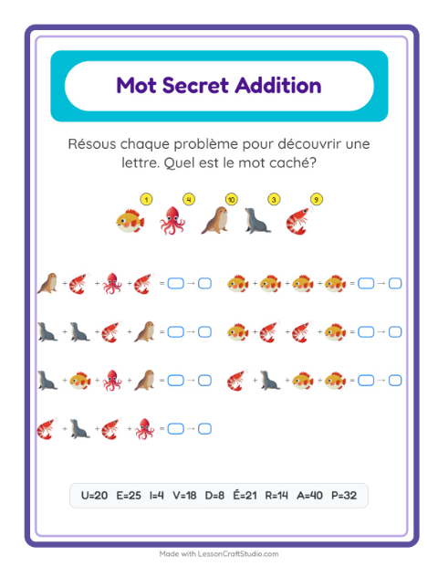 Aperçu de la fiche Addition Codée avec Vie océanique pour École maternelle (grande section, 5-7 ans)