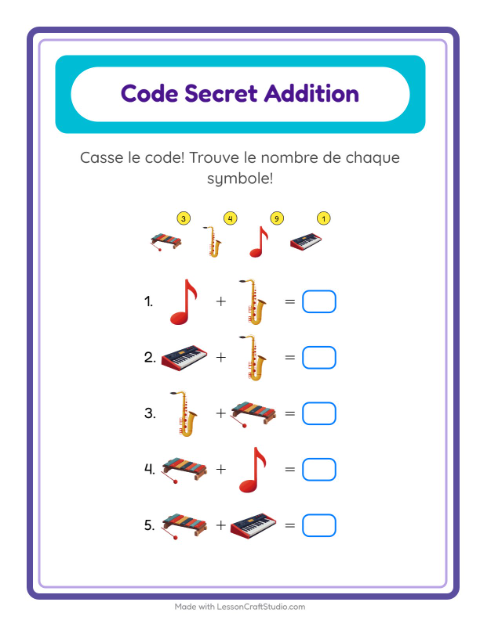 Aperçu de la fiche Addition Codée avec Musique pour École maternelle (grande section, 5-7 ans)