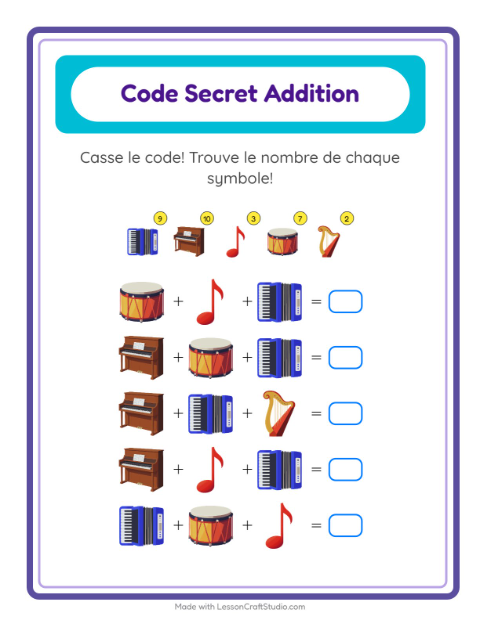 Aperçu de la fiche Addition Codée avec Musique pour École maternelle (grande section, 5-7 ans)