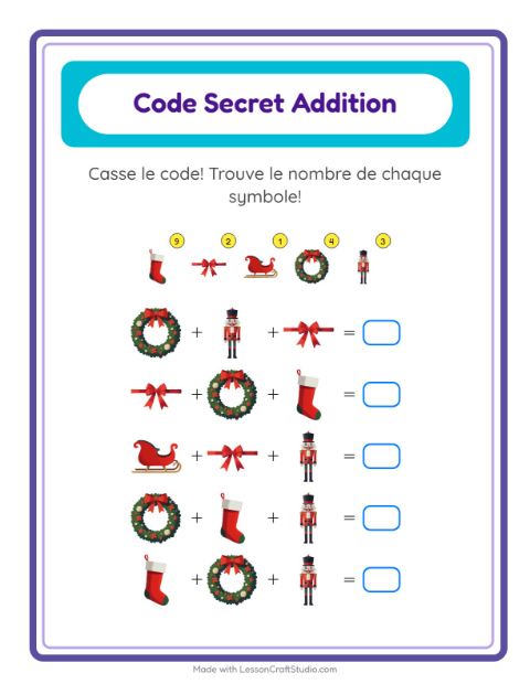 Aperçu de la fiche Addition Codée avec Noël pour École maternelle (grande section, 5-7 ans)