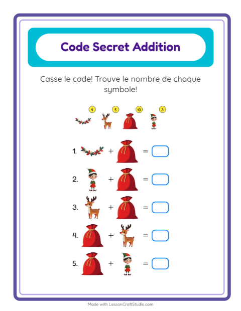 Aperçu de la fiche Addition Codée avec Noël pour École maternelle (grande section, 5-7 ans)