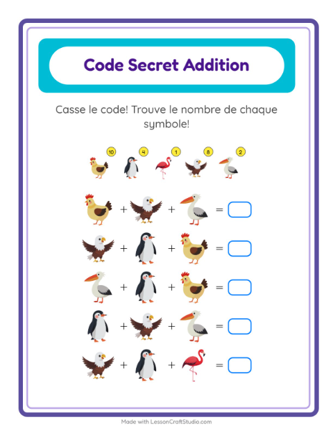 Aperçu de la fiche Addition Codée avec Oiseaux 2 pour École maternelle (grande section, 5-7 ans)