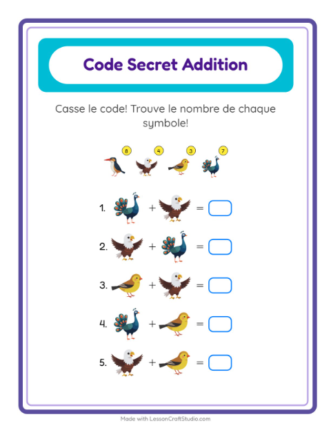 Aperçu de la fiche Addition Codée avec Oiseaux 2 pour École maternelle (grande section, 5-7 ans)