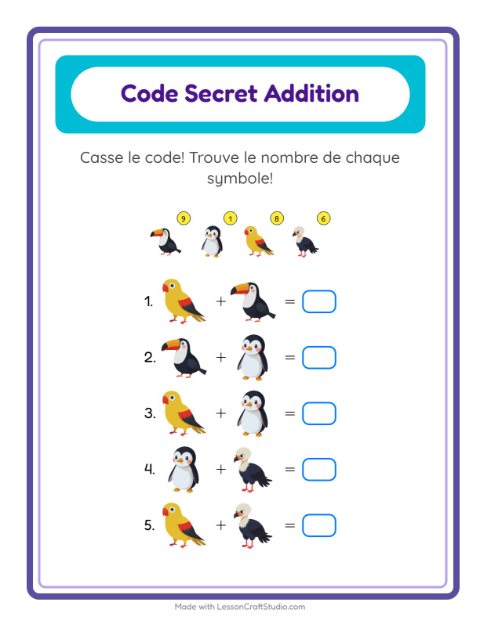 Aperçu de la fiche Addition Codée avec Oiseaux pour École maternelle (grande section, 5-7 ans)
