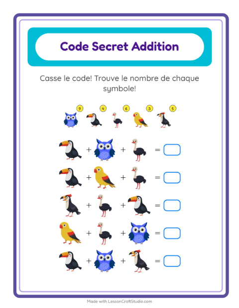Aperçu de la fiche Addition Codée avec Oiseaux pour École maternelle (grande section, 5-7 ans)