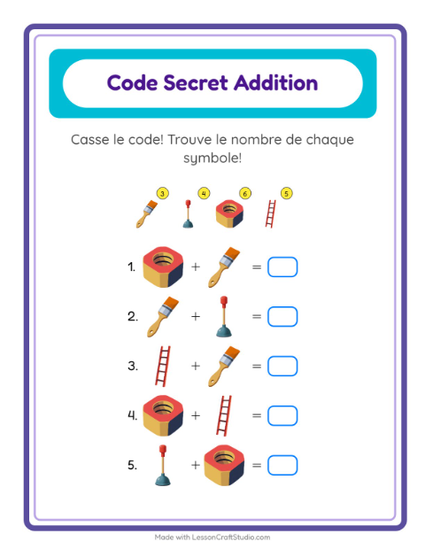 Aperçu de la fiche Addition Codée avec Outils pour École maternelle (grande section, 5-7 ans)