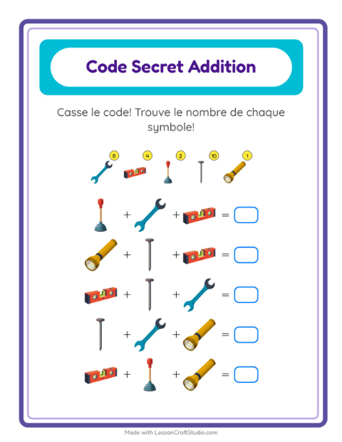 Aperçu de la fiche Addition Codée avec Outils pour École maternelle (grande section, 5-7 ans)