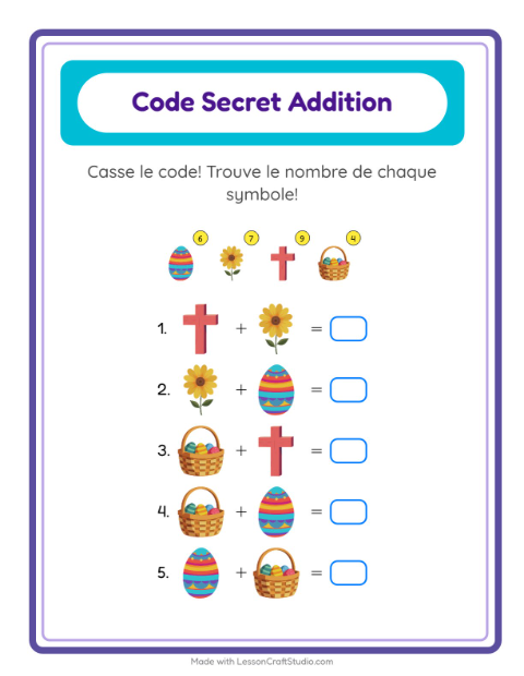 Aperçu de la fiche Addition Codée avec Pâques pour École maternelle (grande section, 5-7 ans)
