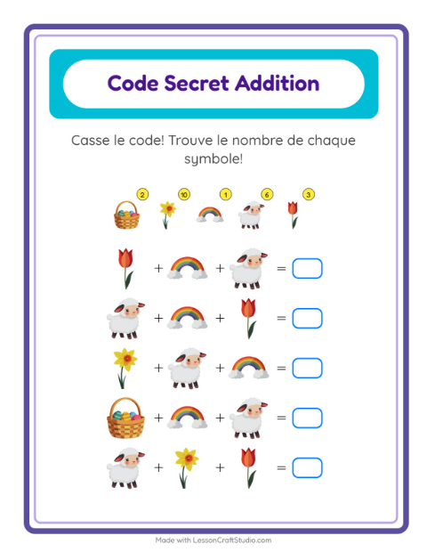 Aperçu de la fiche Addition Codée avec Pâques pour École maternelle (grande section, 5-7 ans)