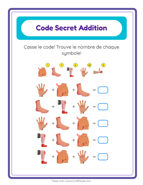 Aperçu de la fiche Addition Codée avec Parties du corps pour École maternelle (grande section, 5-7 ans)