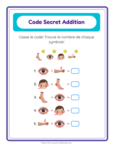 Aperçu de la fiche Addition Codée avec Parties du corps pour École maternelle (grande section, 5-7 ans)