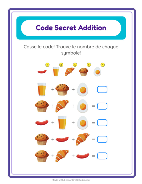 Aperçu de la fiche Addition Codée avec Petit-déjeuner pour École maternelle (grande section, 5-7 ans)