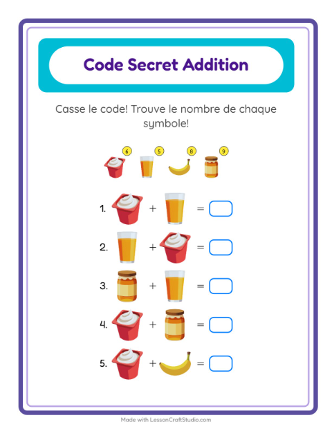 Aperçu de la fiche Addition Codée avec Petit-déjeuner pour École maternelle (grande section, 5-7 ans)