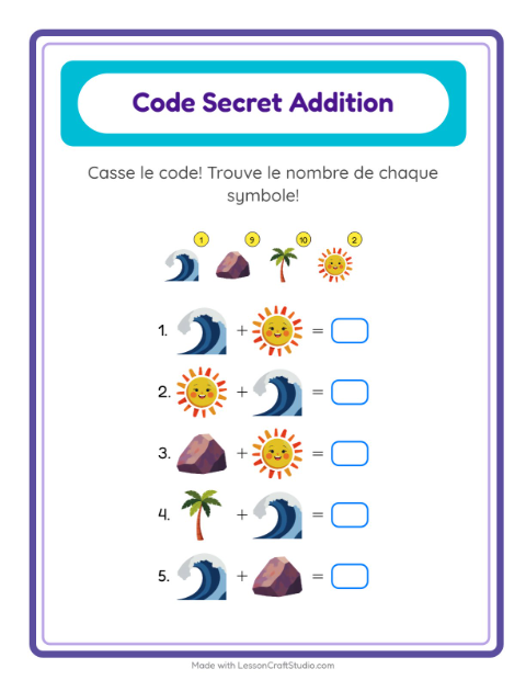 Aperçu de la fiche Addition Codée avec Plage pour École maternelle (grande section, 5-7 ans)