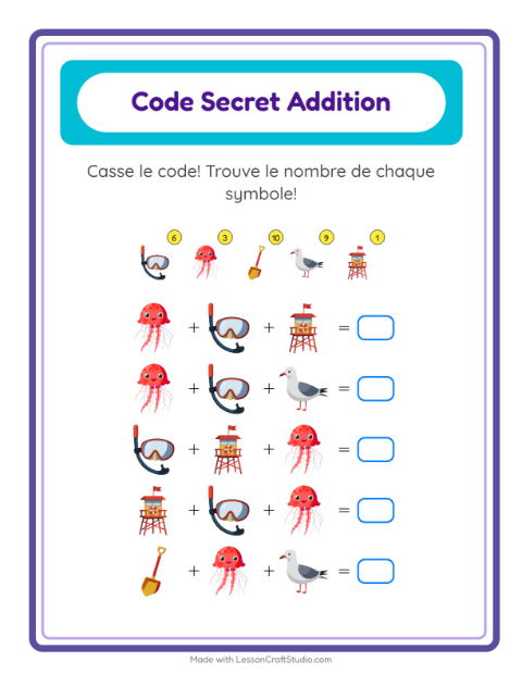 Aperçu de la fiche Addition Codée avec Plage pour École maternelle (grande section, 5-7 ans)