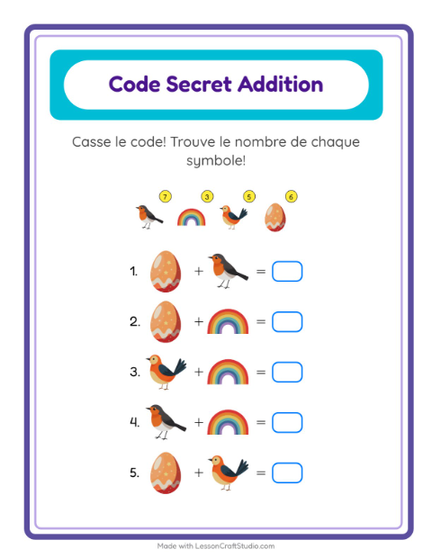 Aperçu de la fiche Addition Codée avec Printemps pour École maternelle (grande section, 5-7 ans)