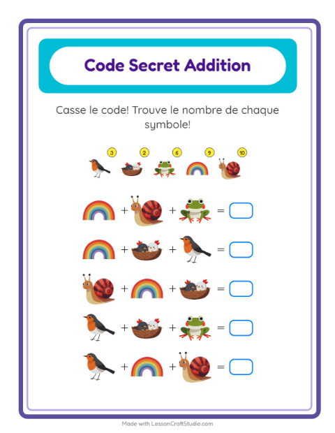 Aperçu de la fiche Addition Codée avec Printemps pour École maternelle (grande section, 5-7 ans)