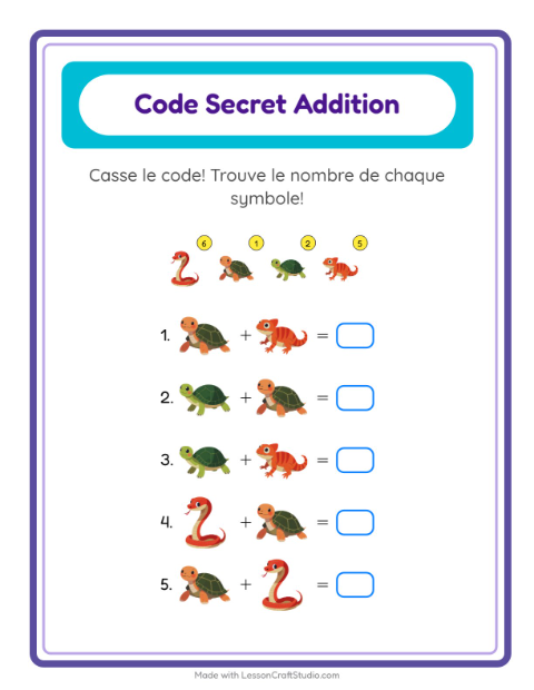 Aperçu de la fiche Addition Codée avec Reptiles et amphibiens pour École maternelle (grande section, 5-7 ans)