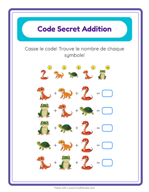 Aperçu de la fiche Addition Codée avec Reptiles et amphibiens pour École maternelle (grande section, 5-7 ans)