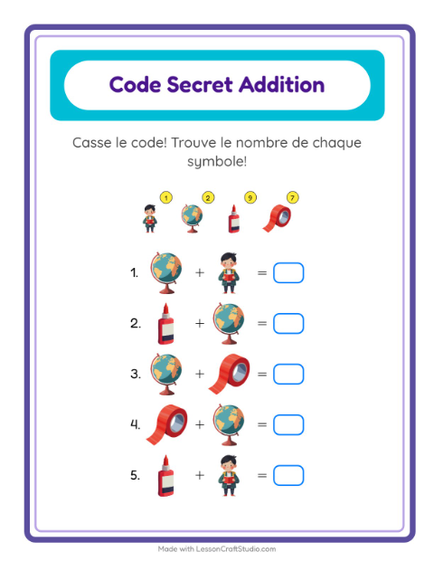 Aperçu de la fiche Addition Codée avec Salle de classe pour École maternelle (grande section, 5-7 ans)