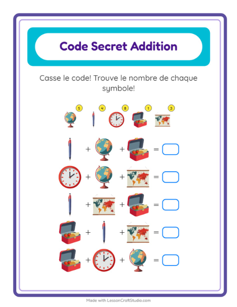 Aperçu de la fiche Addition Codée avec Salle de classe pour École maternelle (grande section, 5-7 ans)