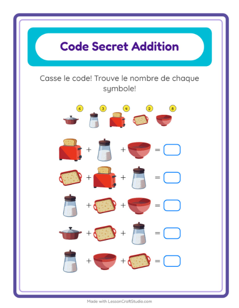 Aperçu de la fiche Addition Codée avec Ustensiles de cuisine pour École maternelle (grande section, 5-7 ans)