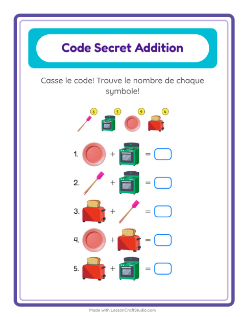 Aperçu de la fiche Addition Codée avec Ustensiles de cuisine pour École maternelle (grande section, 5-7 ans)