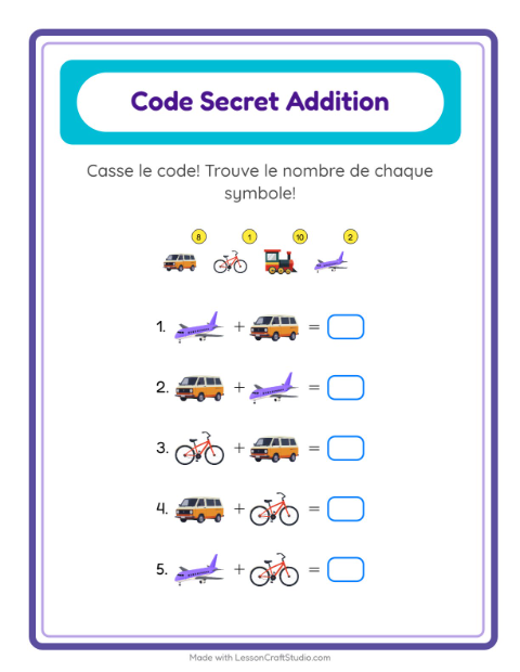 Aperçu de la fiche Addition Codée avec Véhicules pour École maternelle (grande section, 5-7 ans)