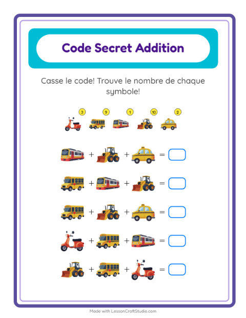 Aperçu de la fiche Addition Codée avec Véhicules pour École maternelle (grande section, 5-7 ans)