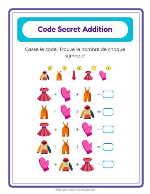 Aperçu de la fiche Addition Codée avec Vêtements pour École maternelle (grande section, 5-7 ans)