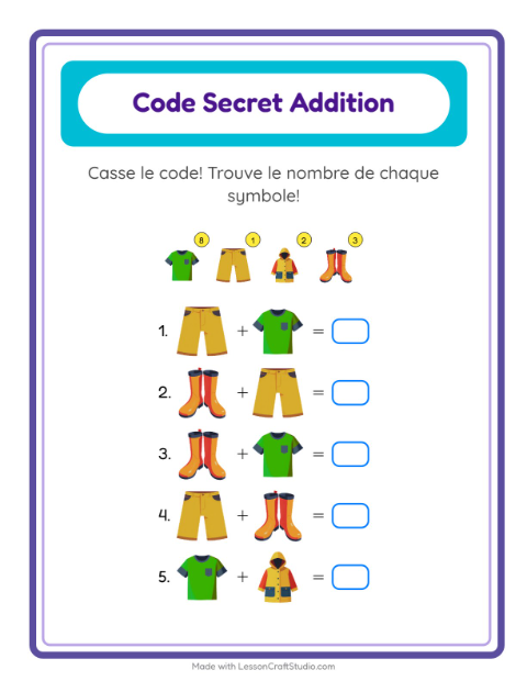 Aperçu de la fiche Addition Codée avec Vêtements pour École maternelle (grande section, 5-7 ans)