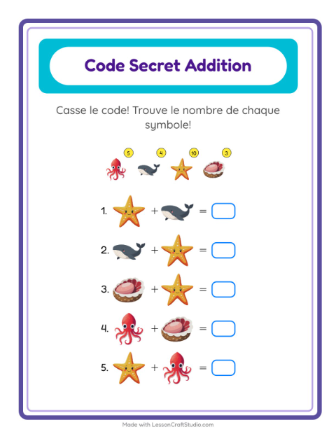 Aperçu de la fiche Addition Codée avec Vie océanique pour École maternelle (grande section, 5-7 ans)