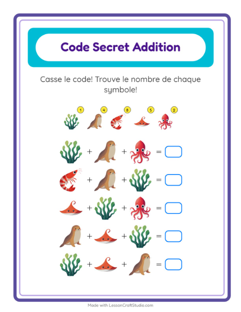 Aperçu de la fiche Addition Codée avec Vie océanique pour École maternelle (grande section, 5-7 ans)