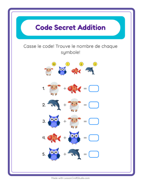 Aperçu de la fiche Addition Codée pour École maternelle (grande section, 5-7 ans)