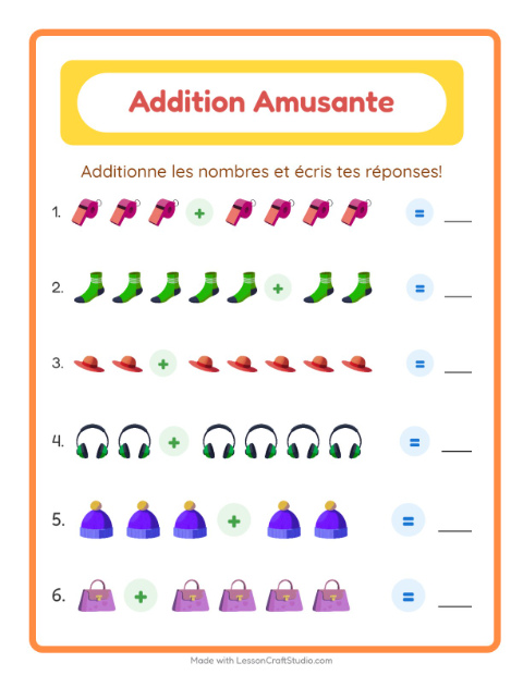 Aperçu de la fiche Addition avec Accessoires pour École maternelle (grande section, 5-7 ans)
