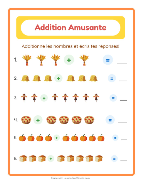 Aperçu de la fiche Addition avec Action de grâce pour École maternelle (grande section, 5-7 ans)