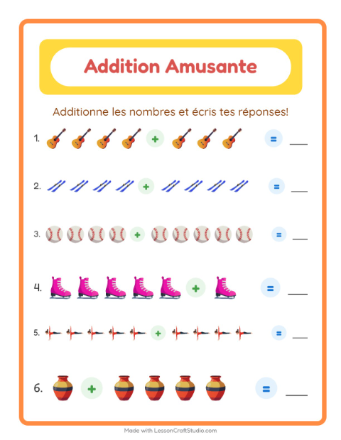 Aperçu de la fiche Addition avec Activités pour École maternelle (grande section, 5-7 ans)