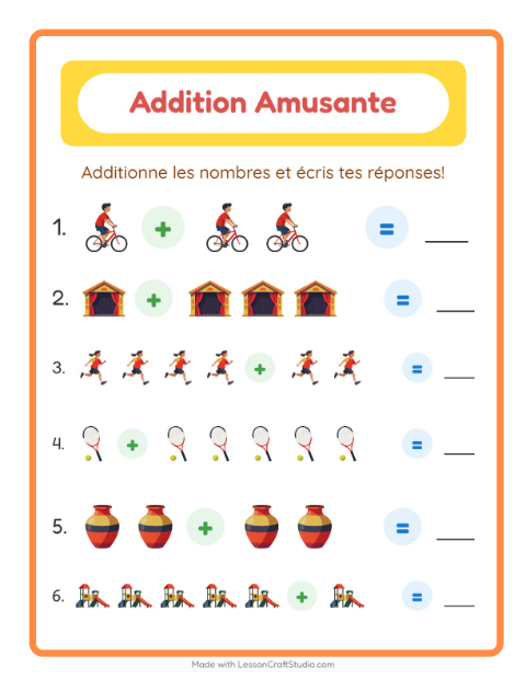 Aperçu de la fiche Addition avec Activités pour École maternelle (grande section, 5-7 ans)