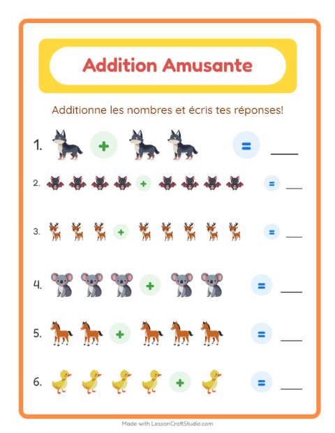 Aperçu de la fiche Addition avec Animaux pour École maternelle (grande section, 5-7 ans)