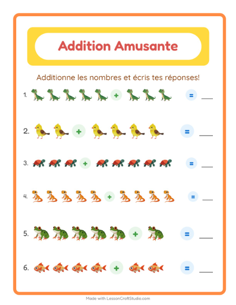 Aperçu de la fiche Addition avec Animaux de compagnie pour École maternelle (grande section, 5-7 ans)