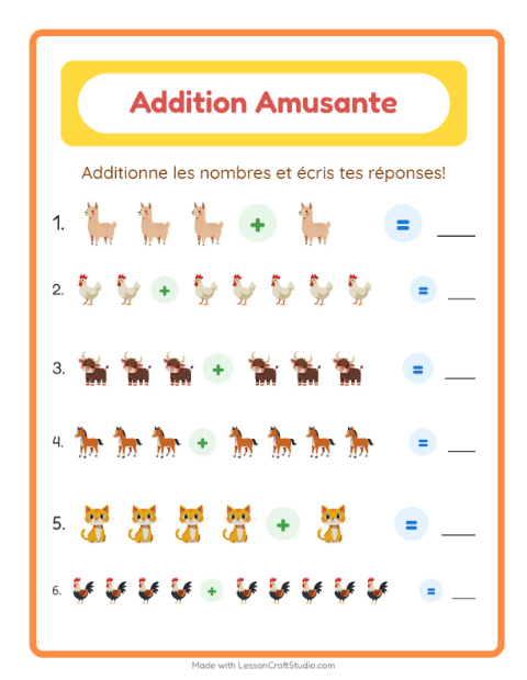 Aperçu de la fiche Addition avec Animaux de la ferme pour École maternelle (grande section, 5-7 ans)