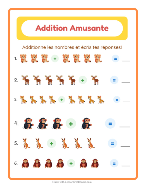 Aperçu de la fiche Addition avec Animaux du zoo pour École maternelle (grande section, 5-7 ans)