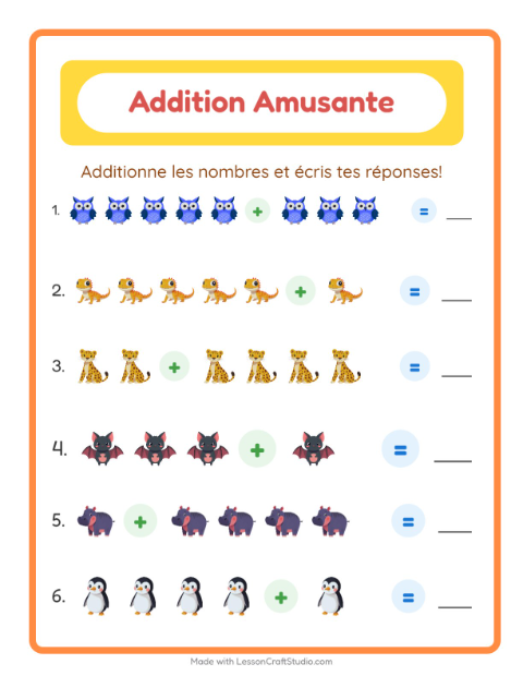 Aperçu : Additions CP : Animaux – fiche à imprimer