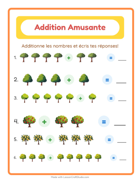 Aperçu de la fiche Addition avec Arbres pour École maternelle (grande section, 5-7 ans)
