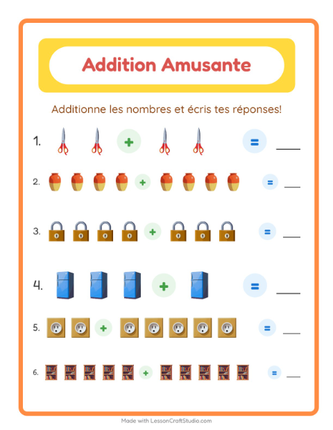Aperçu de la fiche Addition avec Autour de la maison pour École maternelle (grande section, 5-7 ans)
