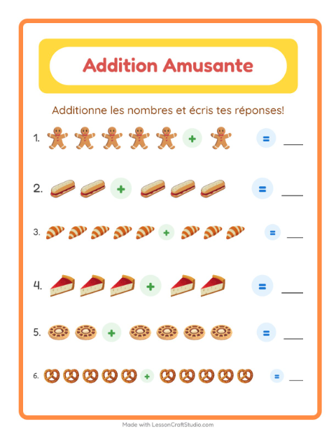 Aperçu de la fiche Addition avec Boulangerie pour École maternelle (grande section, 5-7 ans)