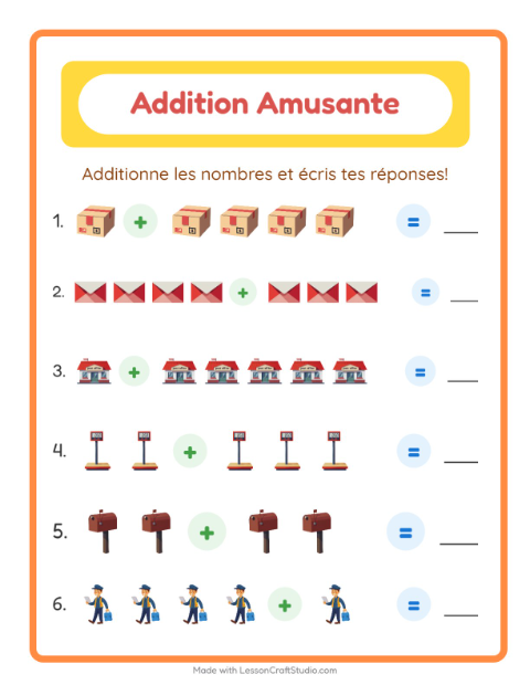 Aperçu de la fiche Addition avec Bureau de poste pour École maternelle (grande section, 5-7 ans)