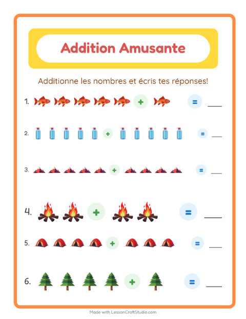 Aperçu de la fiche Addition avec Camping pour École maternelle (grande section, 5-7 ans)